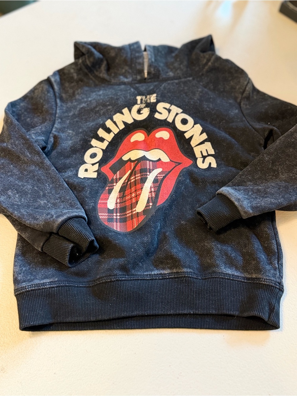 The Rolling Stones Toddler  Washed Black Hoodie with Red Plaid Tongue Graphic